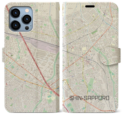 【新札幌（北海道）】地図柄iPhoneケース（手帳タイプ）ナチュラル・iPhone 13 Pro Max 用
