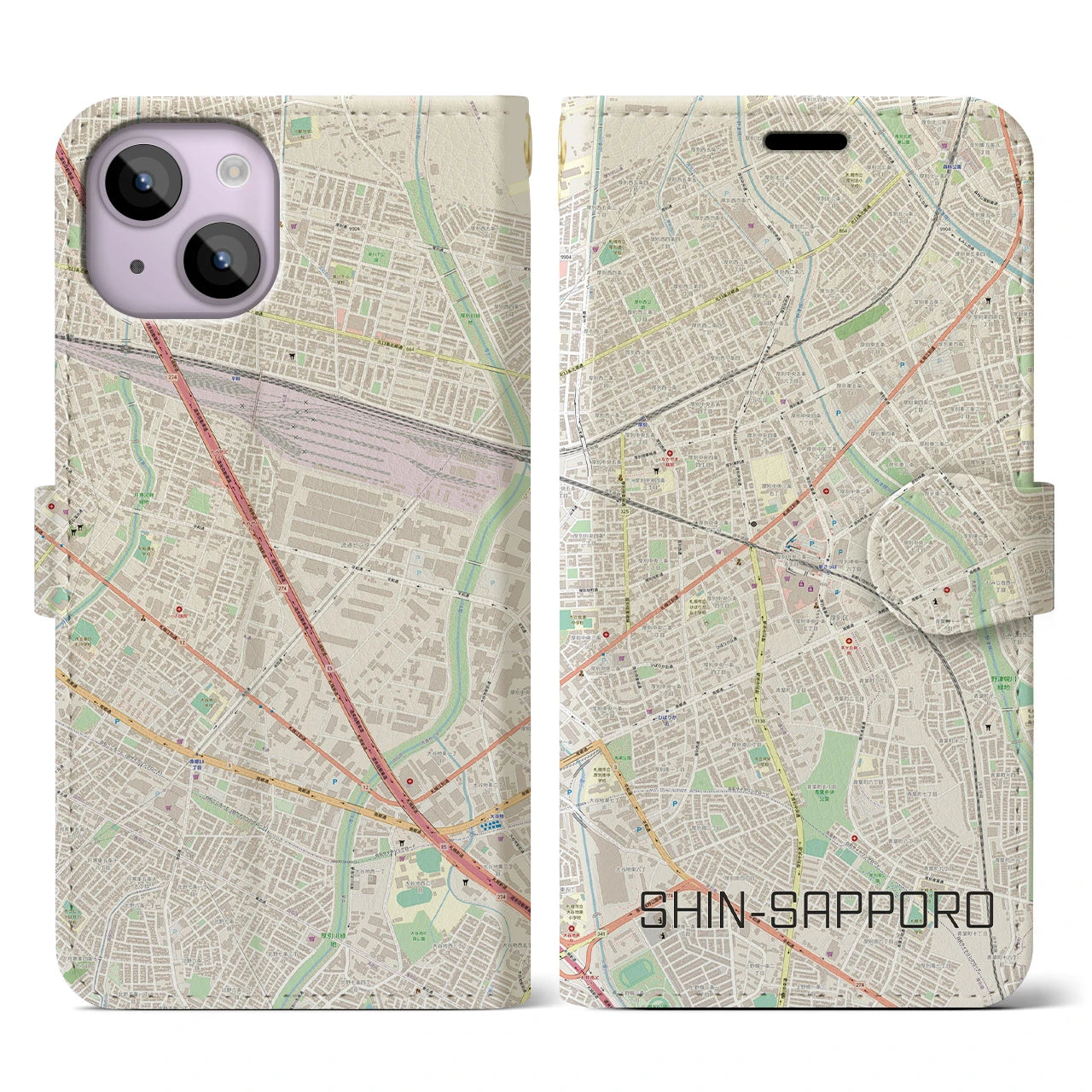【新札幌】地図柄iPhoneケース（手帳両面タイプ・ナチュラル）iPhone 14 用