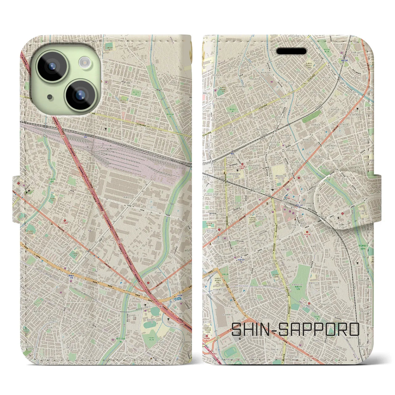 【新札幌】地図柄iPhoneケース（手帳両面タイプ・ナチュラル）iPhone 15 用