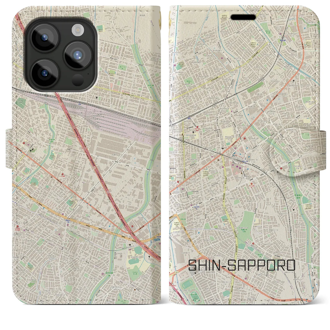 【新札幌】地図柄iPhoneケース（手帳両面タイプ・ナチュラル）iPhone 15 Pro Max 用