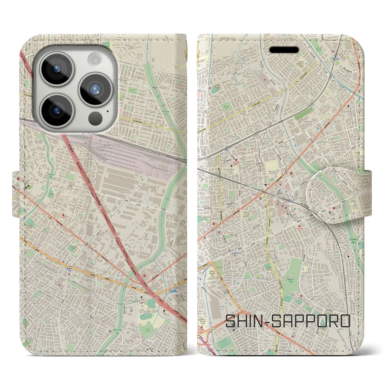 【新札幌】地図柄iPhoneケース（手帳両面タイプ・ナチュラル）iPhone 15 Pro 用