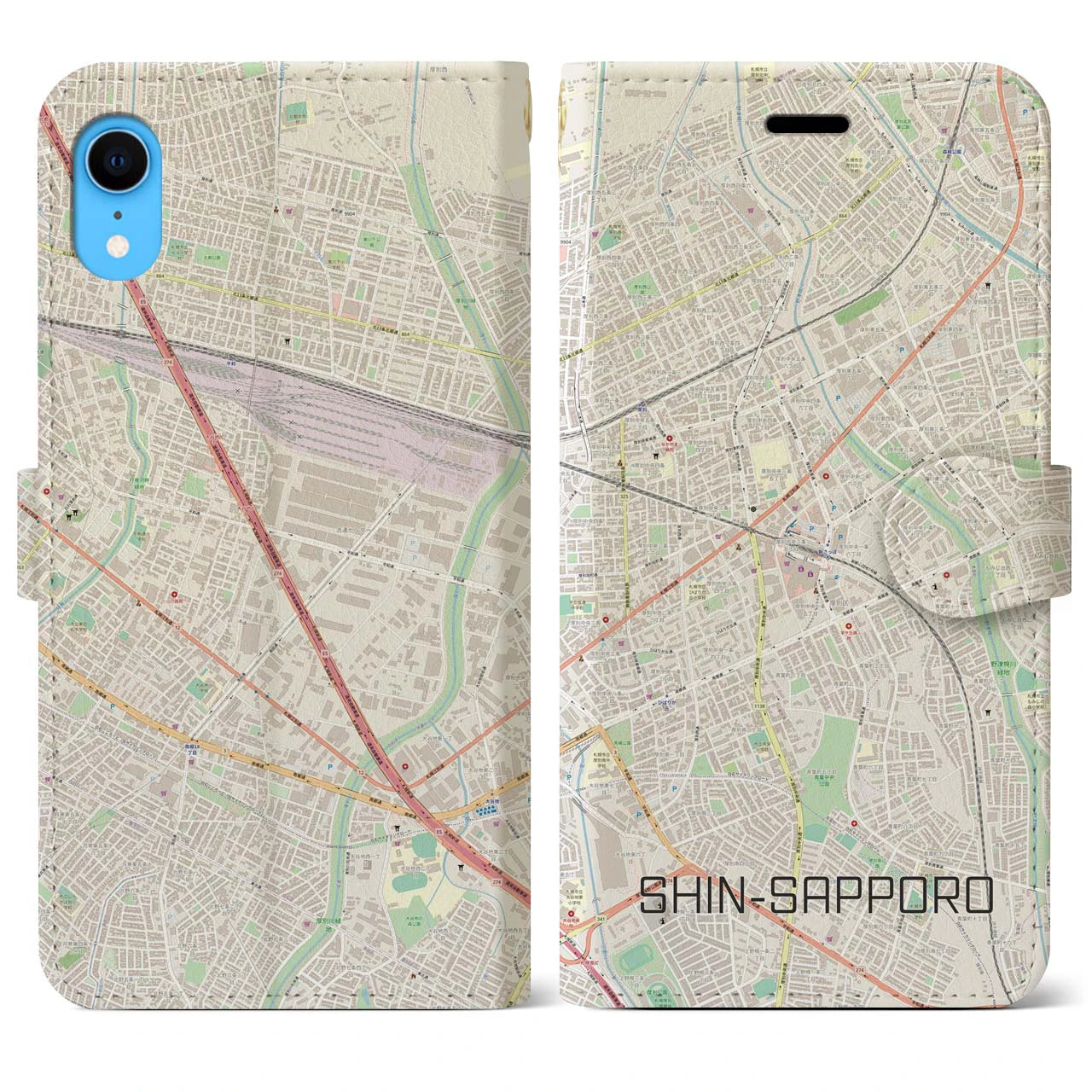 【新札幌】地図柄iPhoneケース（手帳両面タイプ・ナチュラル）iPhone XR 用