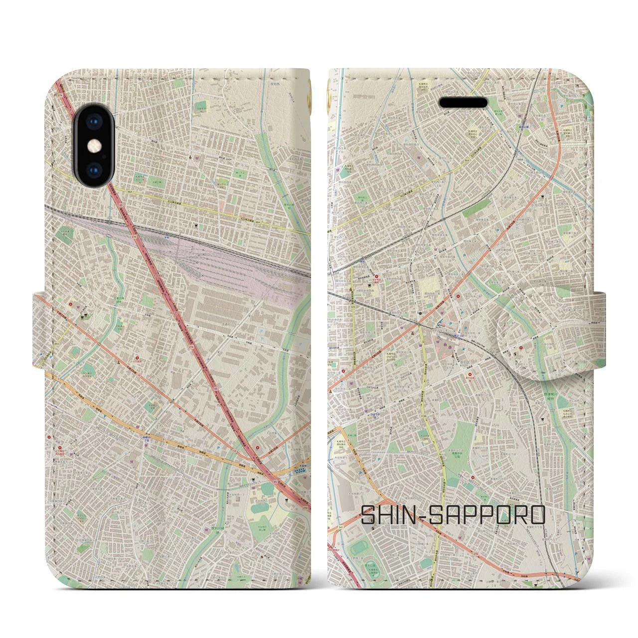 【新札幌】地図柄iPhoneケース（手帳両面タイプ・ナチュラル）iPhone XS / X 用