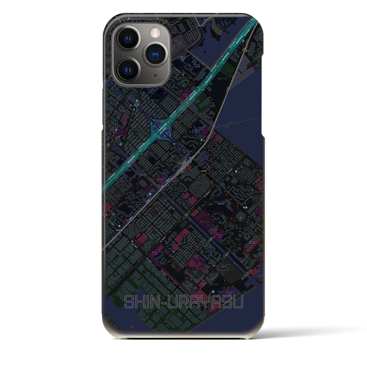 【新浦安】地図柄iPhoneケース（バックカバータイプ・ブラック）iPhone 11 Pro Max 用