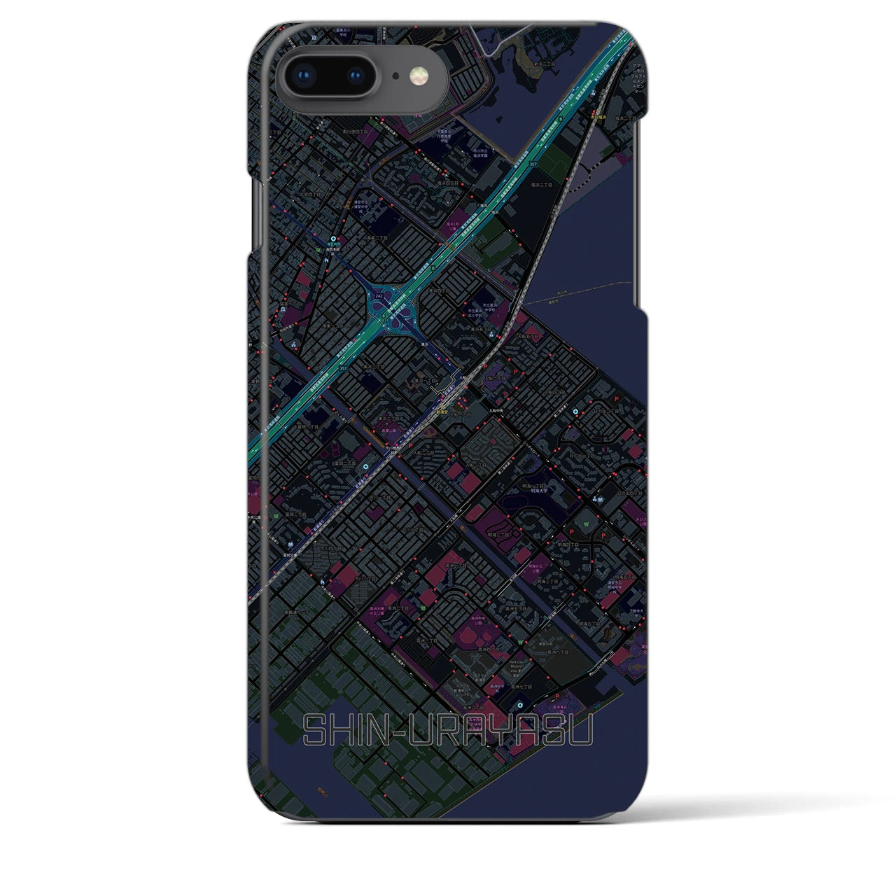 【新浦安】地図柄iPhoneケース（バックカバータイプ・ブラック）iPhone 8Plus /7Plus / 6sPlus / 6Plus 用