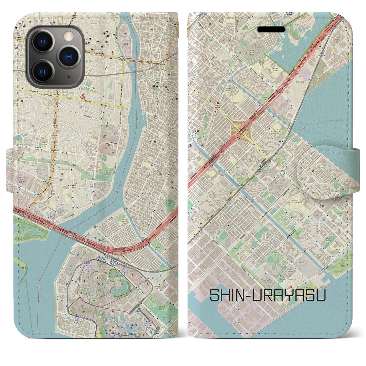 【新浦安】地図柄iPhoneケース（手帳両面タイプ・ナチュラル）iPhone 11 Pro Max 用