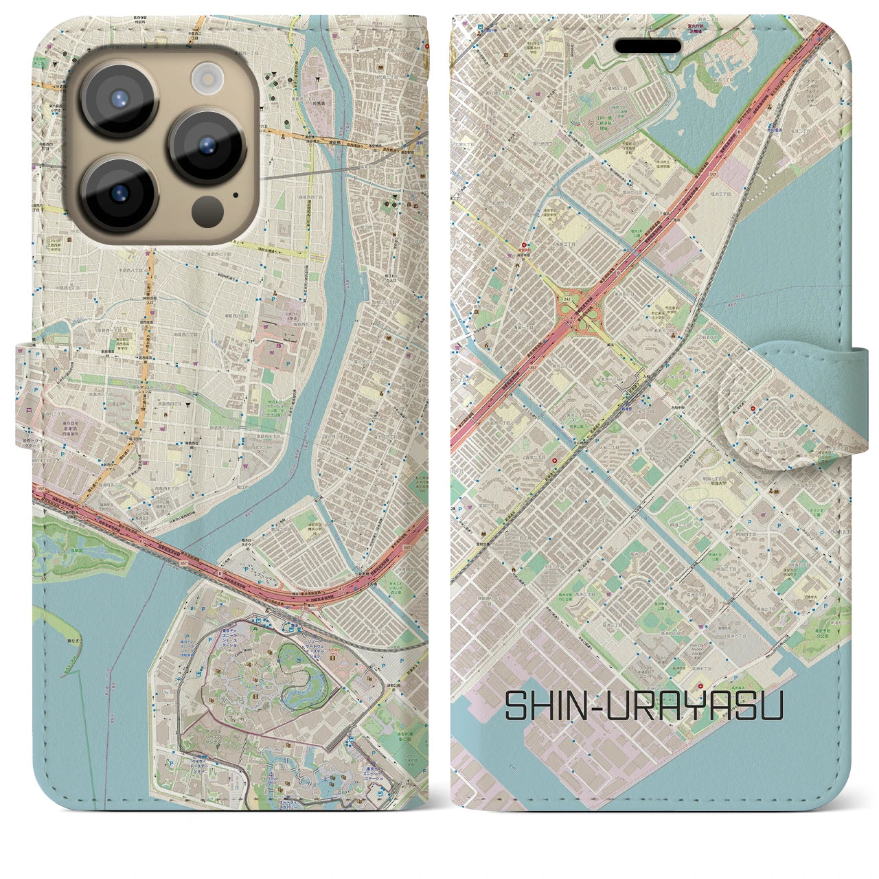 【新浦安】地図柄iPhoneケース（手帳両面タイプ・ナチュラル）iPhone 14 Pro Max 用