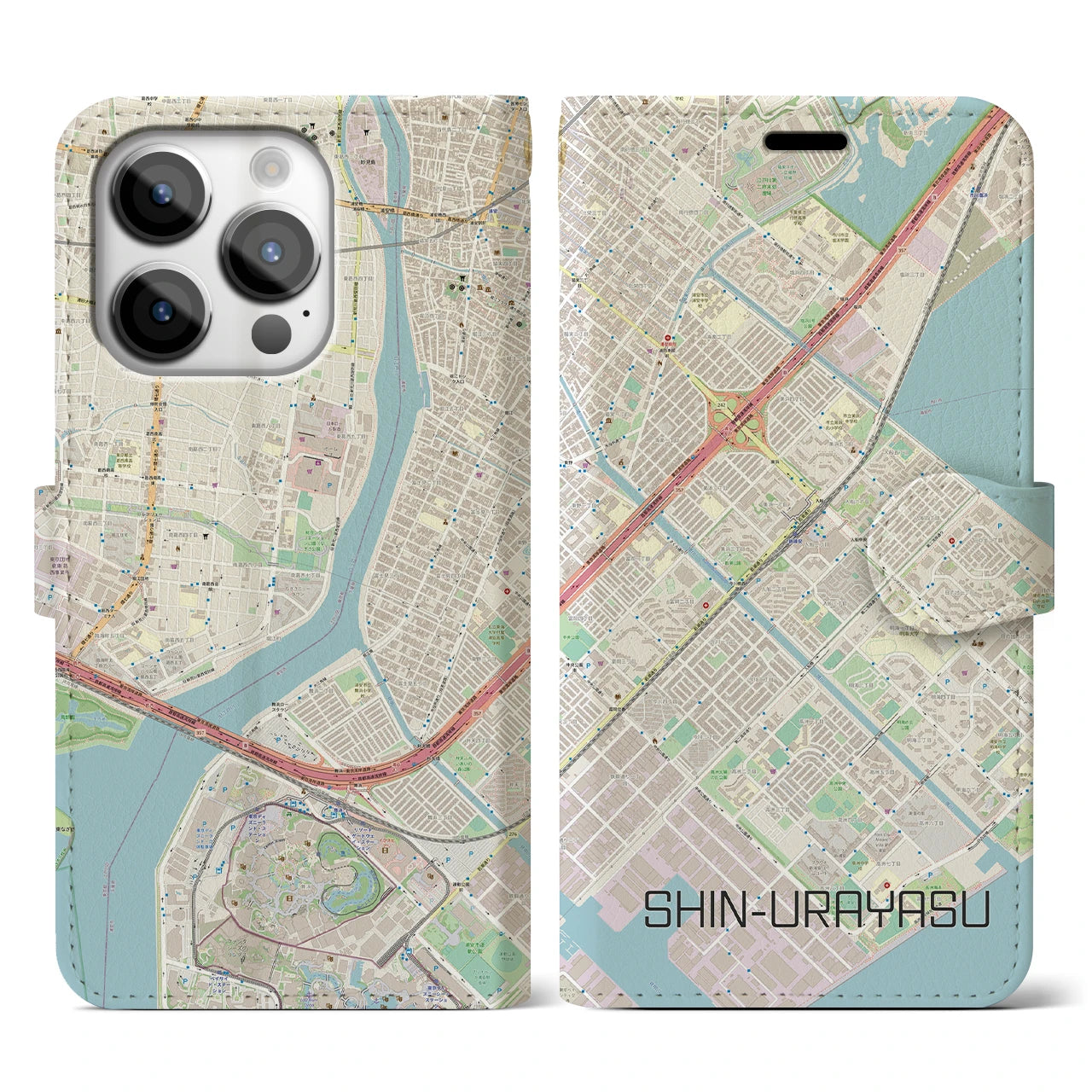【新浦安】地図柄iPhoneケース（手帳両面タイプ・ナチュラル）iPhone 14 Pro 用