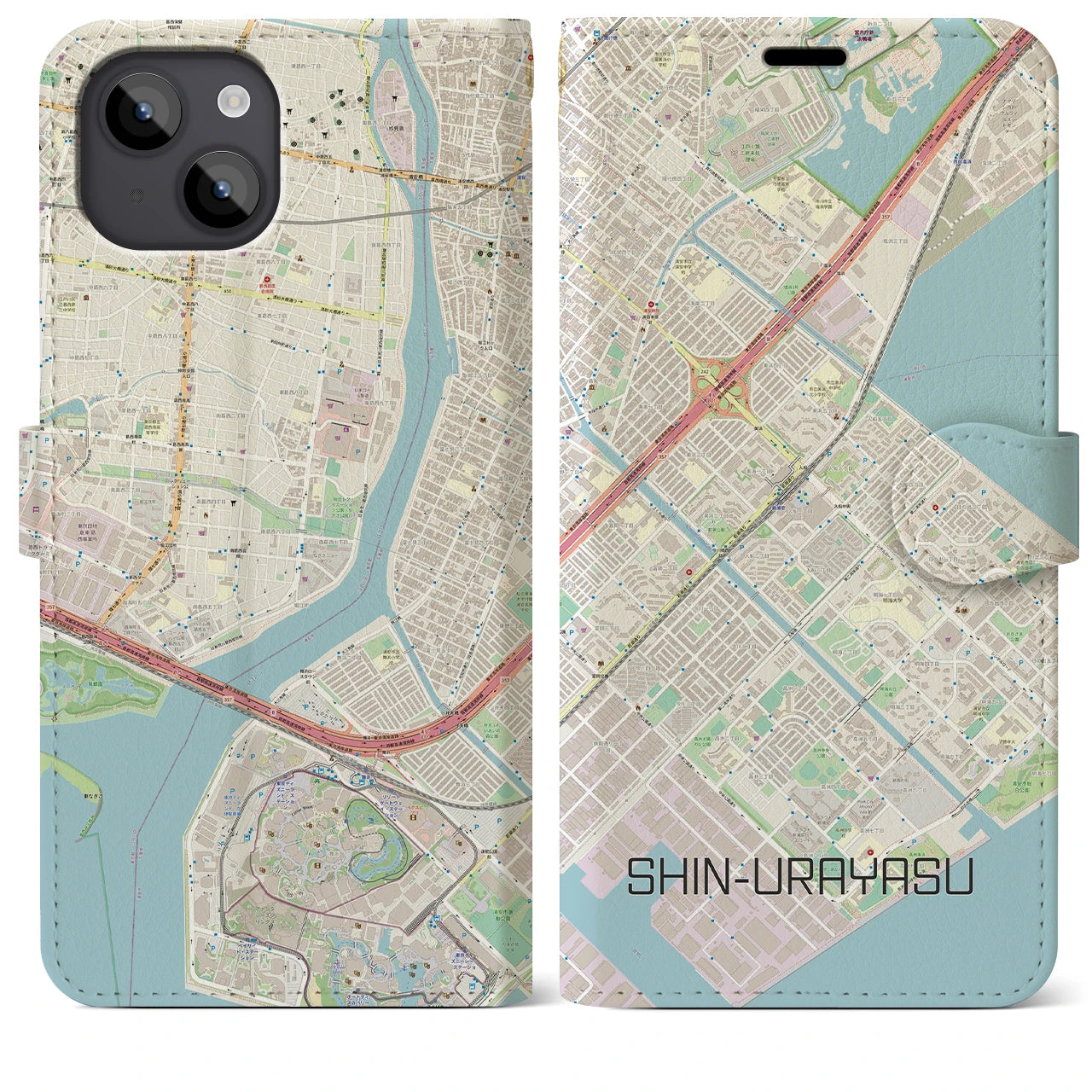 【新浦安】地図柄iPhoneケース（手帳両面タイプ・ナチュラル）iPhone 14 Plus 用