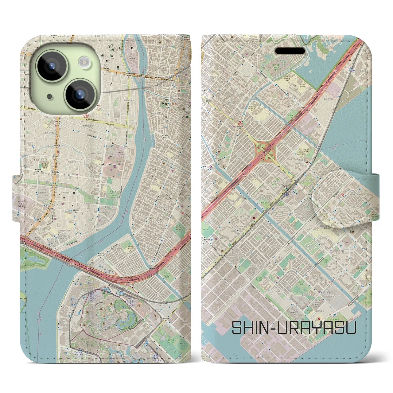 【新浦安】地図柄iPhoneケース（手帳両面タイプ・ナチュラル）iPhone 15 用