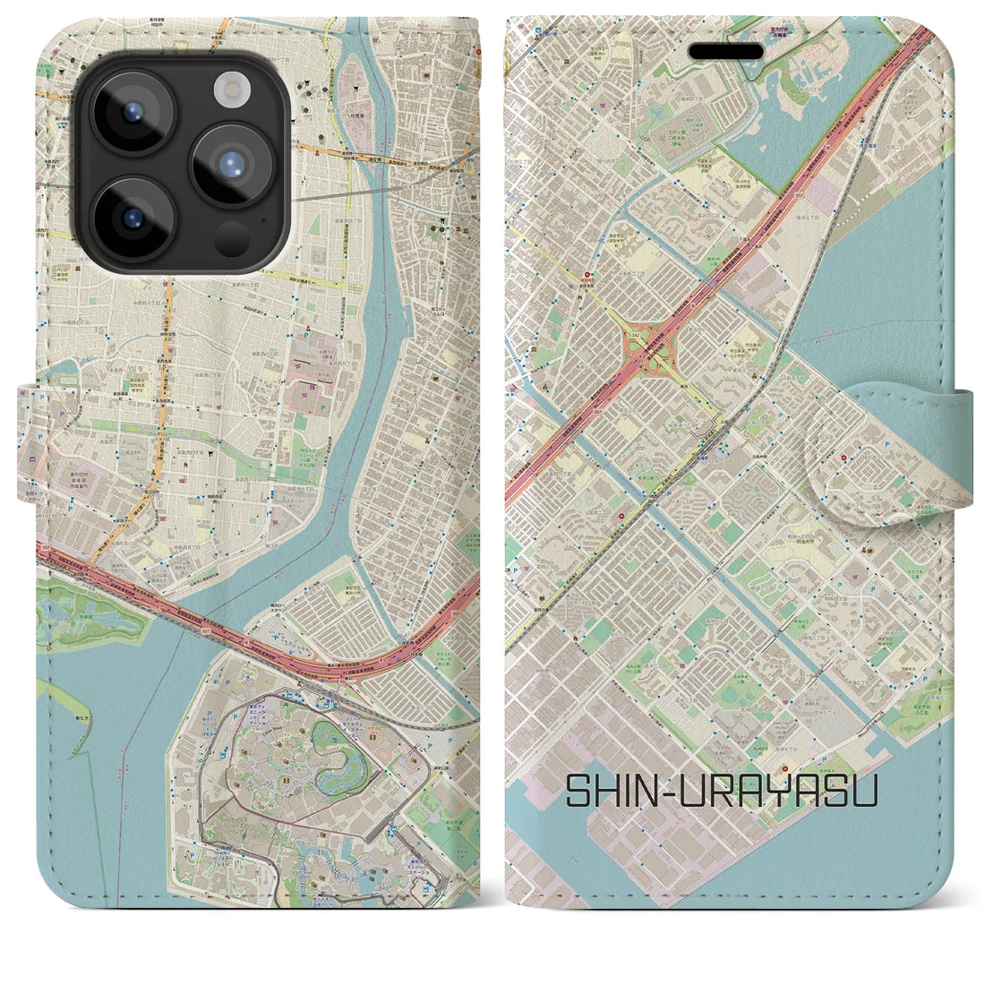 【新浦安】地図柄iPhoneケース（手帳両面タイプ・ナチュラル）iPhone 15 Pro Max 用