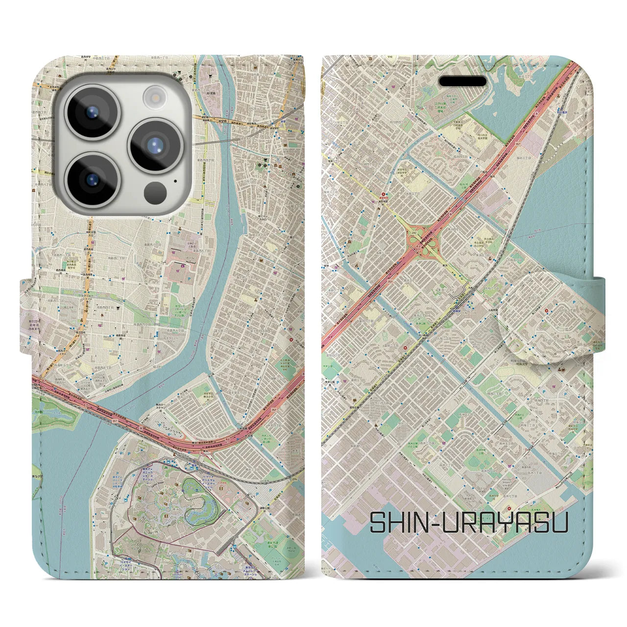 【新浦安】地図柄iPhoneケース（手帳両面タイプ・ナチュラル）iPhone 15 Pro 用