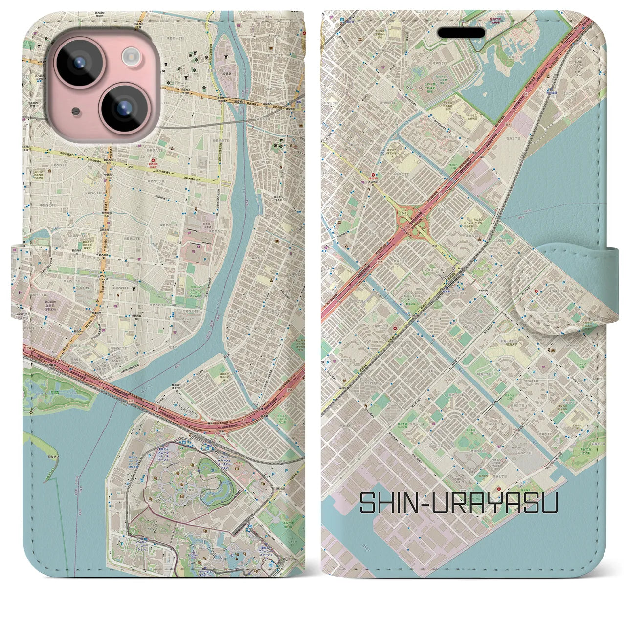 【新浦安】地図柄iPhoneケース（手帳両面タイプ・ナチュラル）iPhone 15 Plus 用