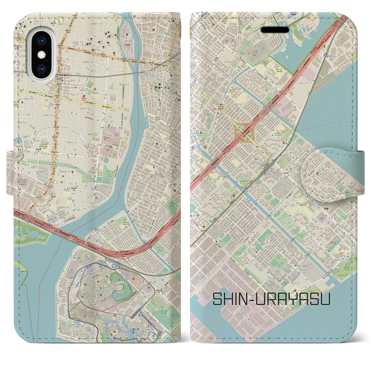 【新浦安】地図柄iPhoneケース（手帳両面タイプ・ナチュラル）iPhone XS Max 用