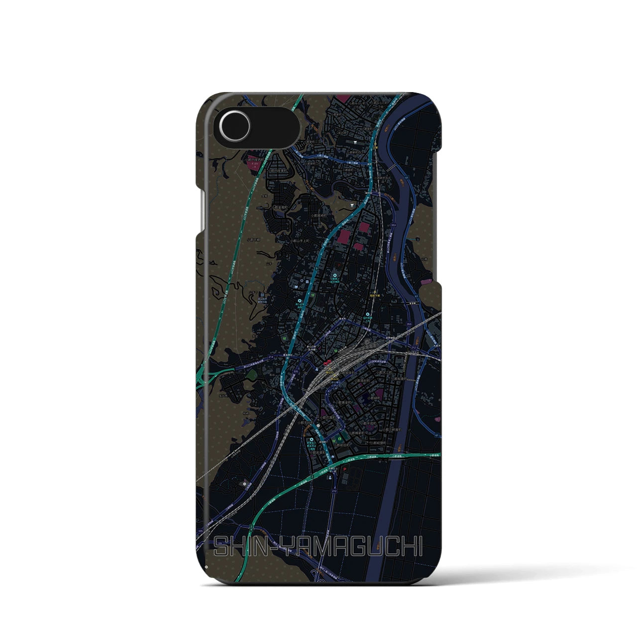 【新山口】地図柄iPhoneケース（バックカバータイプ・ブラック）iPhone SE（第3 / 第2世代） / 8 / 7 / 6s / 6 用
