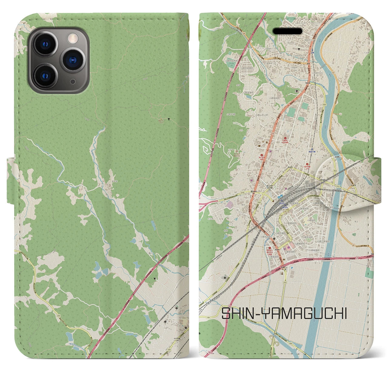 【新山口】地図柄iPhoneケース（手帳両面タイプ・ナチュラル）iPhone 11 Pro Max 用