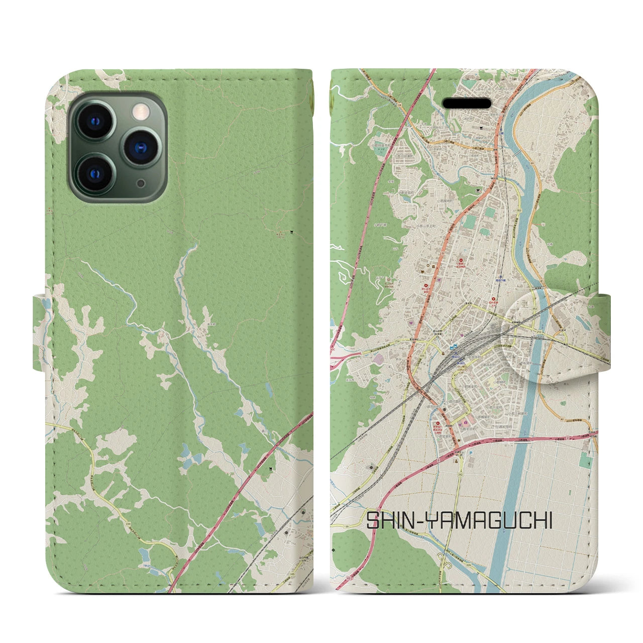 【新山口】地図柄iPhoneケース（手帳両面タイプ・ナチュラル）iPhone 11 Pro 用