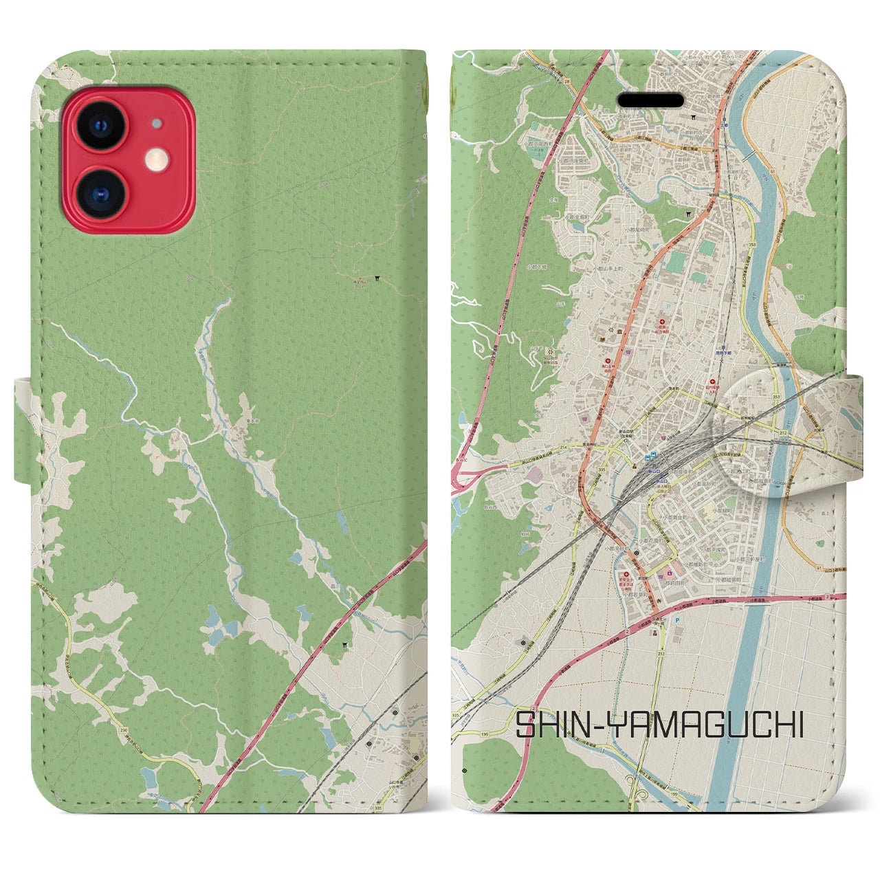 【新山口】地図柄iPhoneケース（手帳両面タイプ・ナチュラル）iPhone 11 用