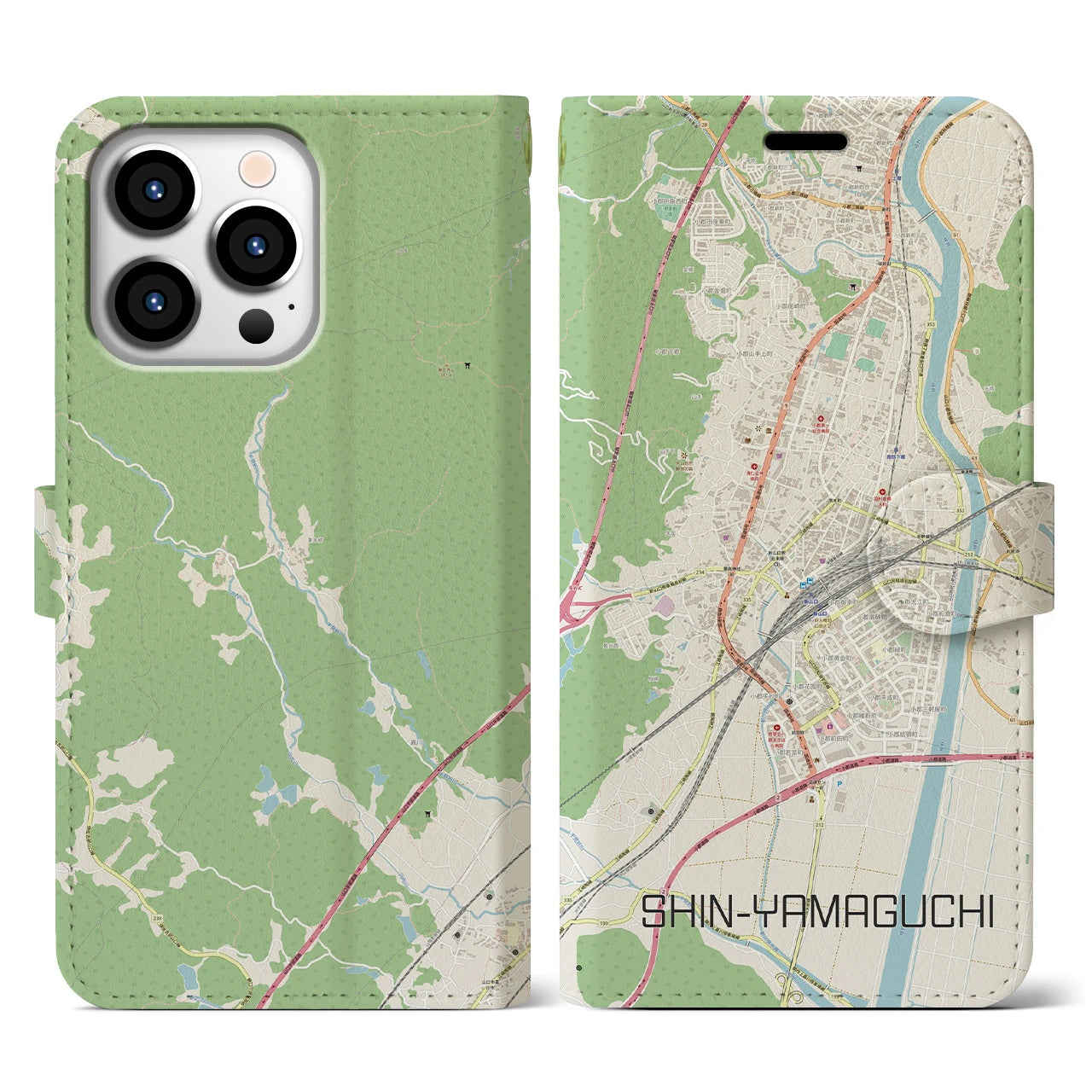 【新山口】地図柄iPhoneケース（手帳両面タイプ・ナチュラル）iPhone 13 Pro 用