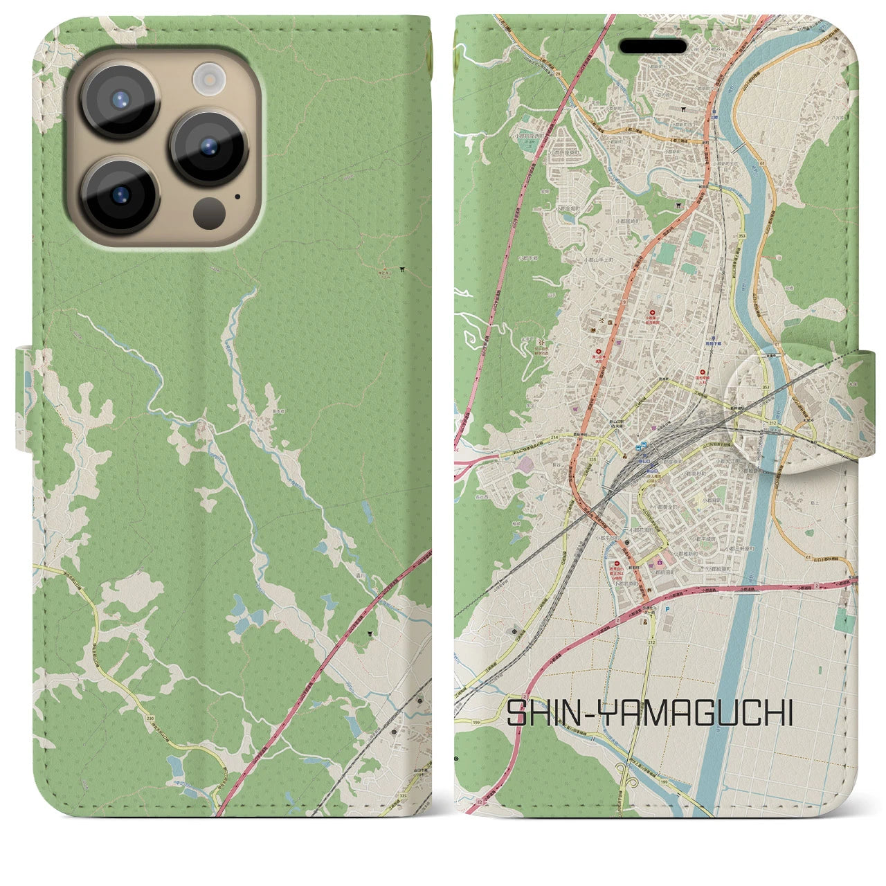 【新山口】地図柄iPhoneケース（手帳両面タイプ・ナチュラル）iPhone 14 Pro Max 用