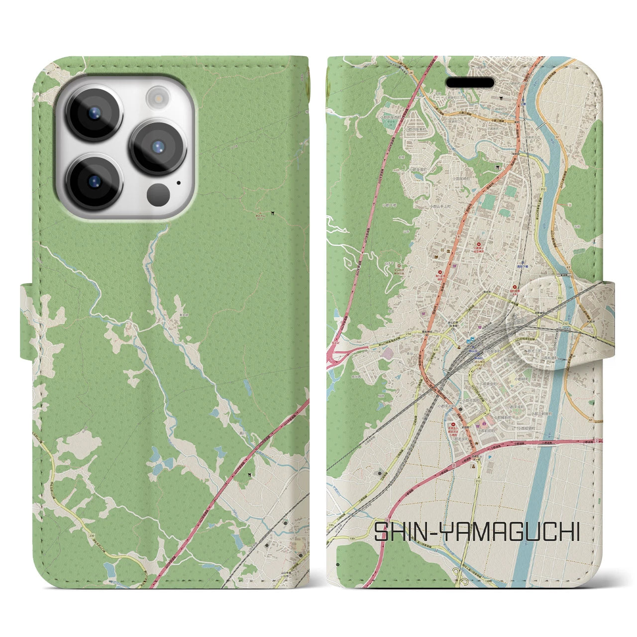 【新山口】地図柄iPhoneケース（手帳両面タイプ・ナチュラル）iPhone 14 Pro 用
