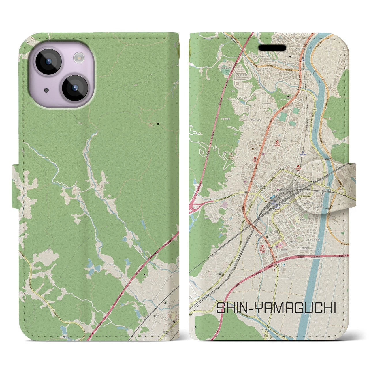 【新山口】地図柄iPhoneケース（手帳両面タイプ・ナチュラル）iPhone 14 用