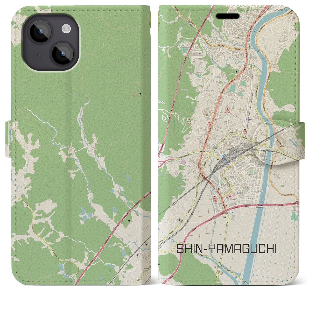 【新山口】地図柄iPhoneケース（手帳両面タイプ・ナチュラル）iPhone 14 Plus 用