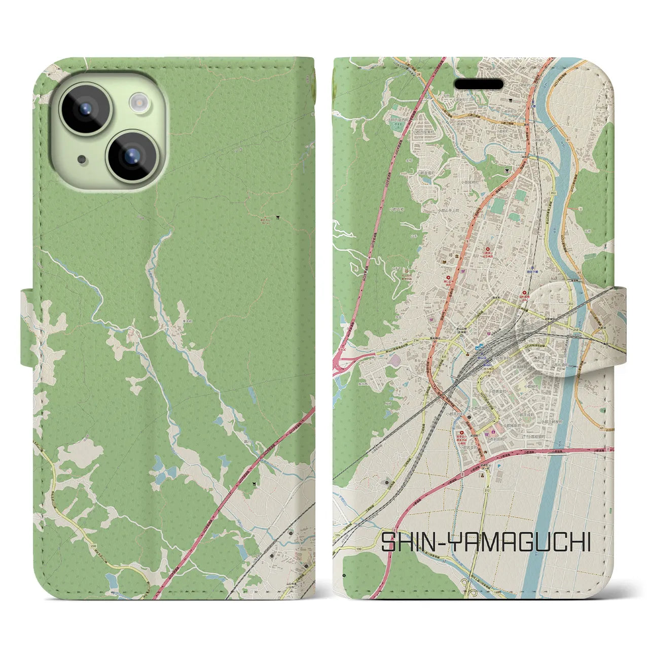 【新山口】地図柄iPhoneケース（手帳両面タイプ・ナチュラル）iPhone 15 用