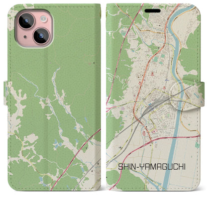 【新山口（山口県）】地図柄iPhoneケース（手帳タイプ）ナチュラル・iPhone 15 Plus 用