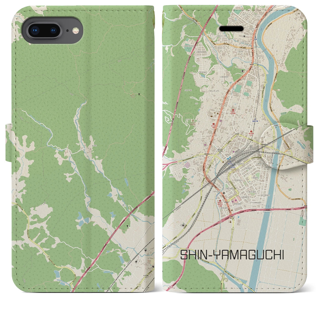 【新山口】地図柄iPhoneケース（手帳両面タイプ・ナチュラル）iPhone 8Plus /7Plus / 6sPlus / 6Plus 用