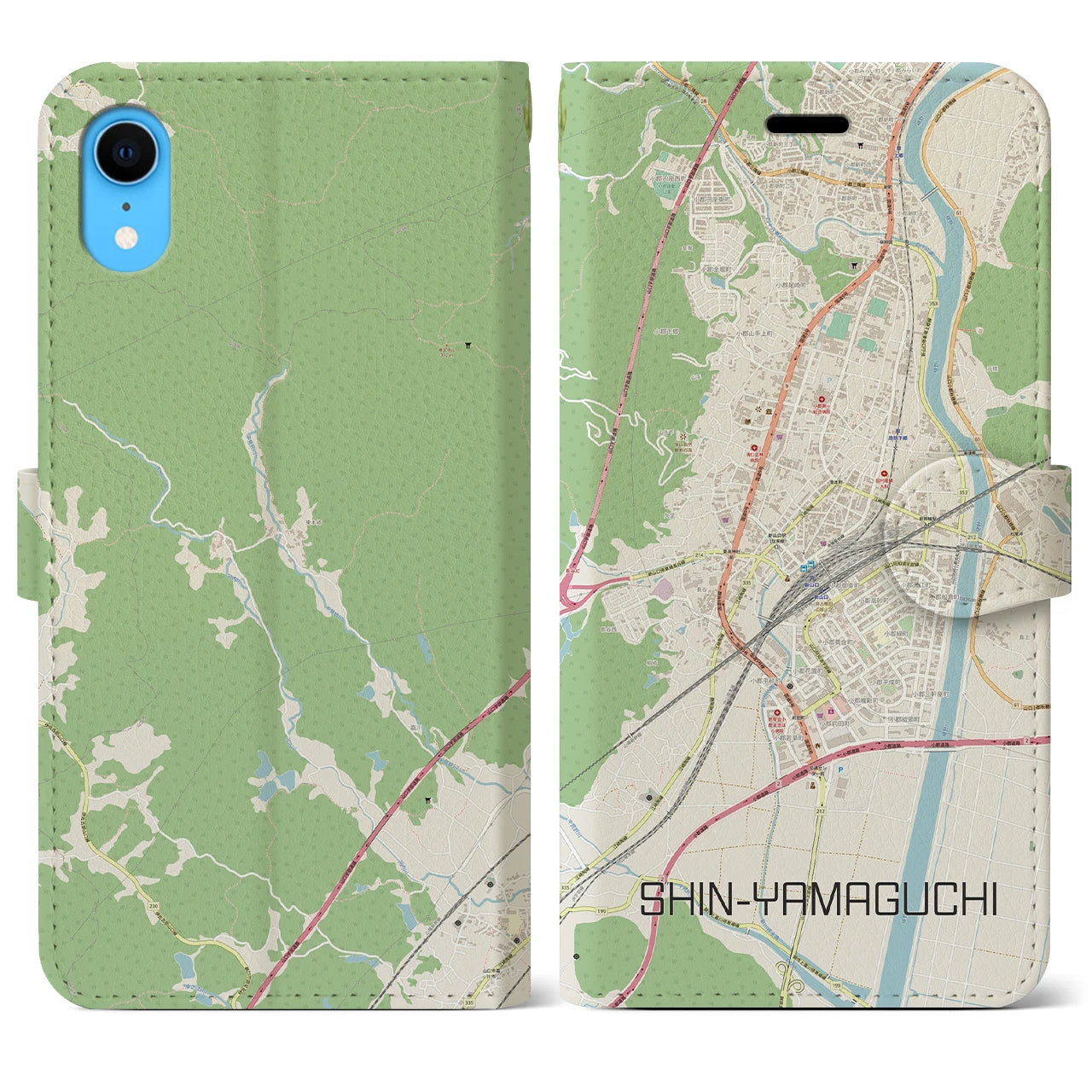 【新山口】地図柄iPhoneケース（手帳両面タイプ・ナチュラル）iPhone XR 用