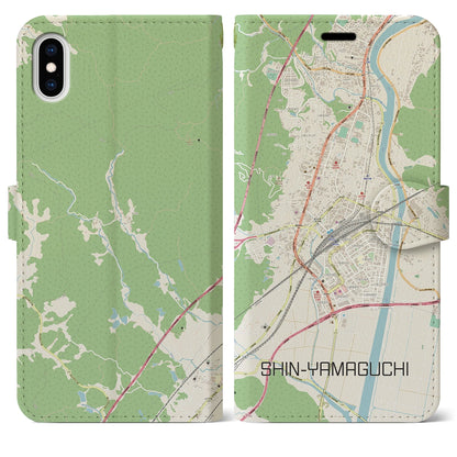 【新山口（山口県）】地図柄iPhoneケース（手帳タイプ）ナチュラル・iPhone XS Max 用