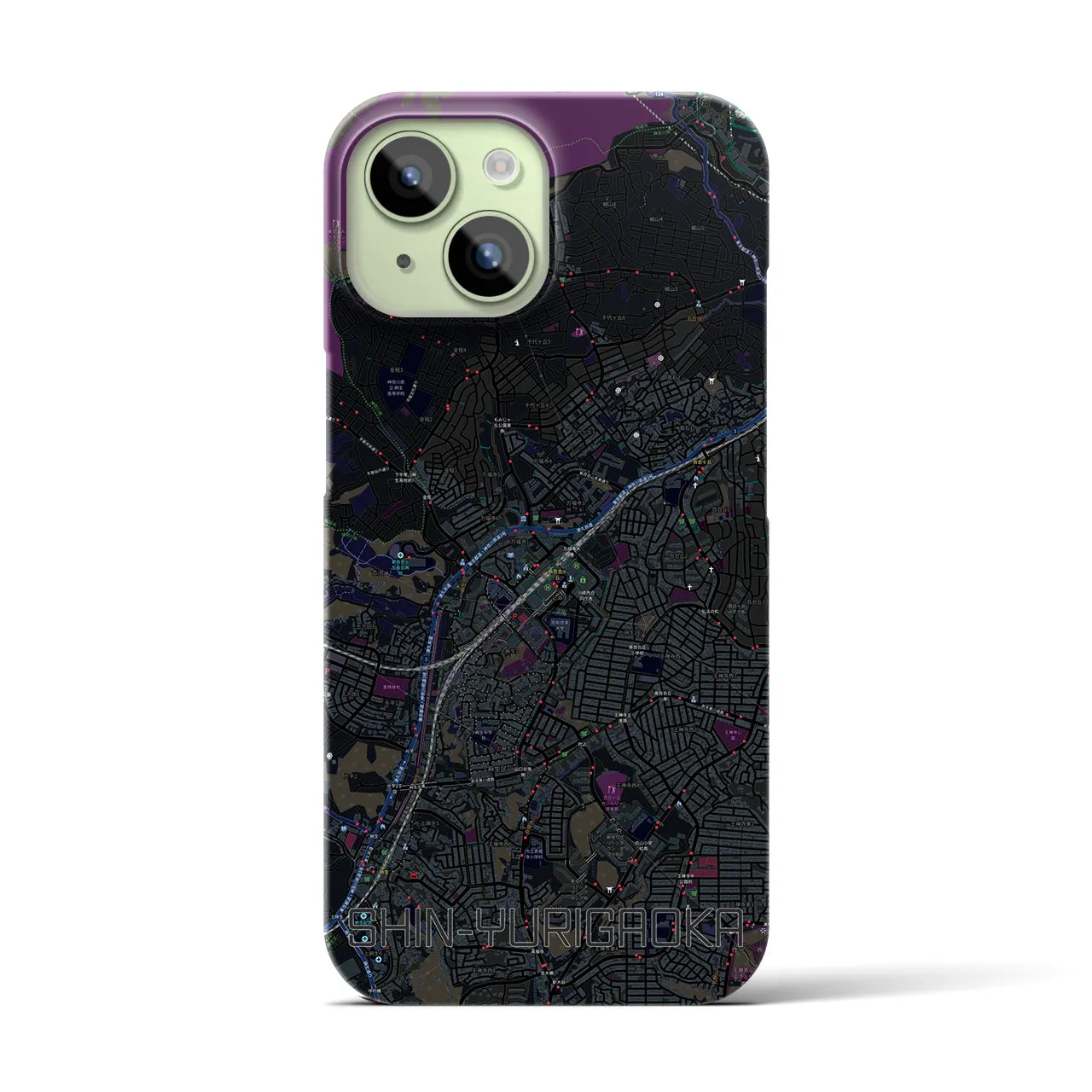 【新百合ヶ丘】地図柄iPhoneケース（バックカバータイプ・ブラック）iPhone 15 用