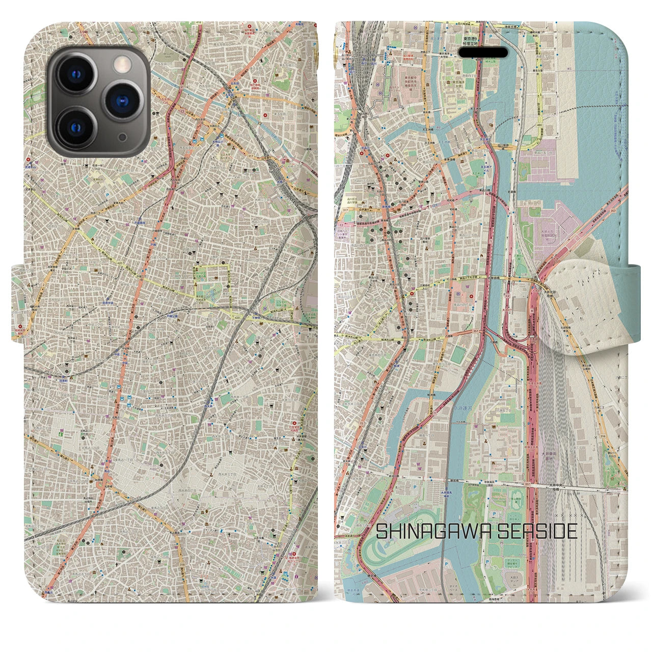 【品川シーサイド】地図柄iPhoneケース（手帳両面タイプ・ナチュラル）iPhone 11 Pro Max 用