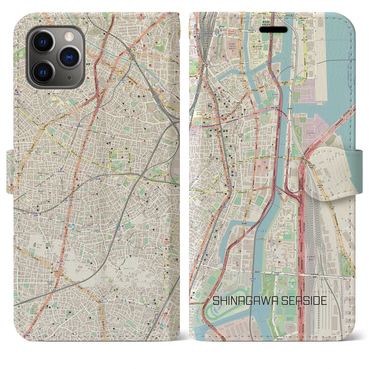 【品川シーサイド（東京都）】地図柄iPhoneケース（手帳タイプ）ナチュラル・iPhone 11 Pro Max 用