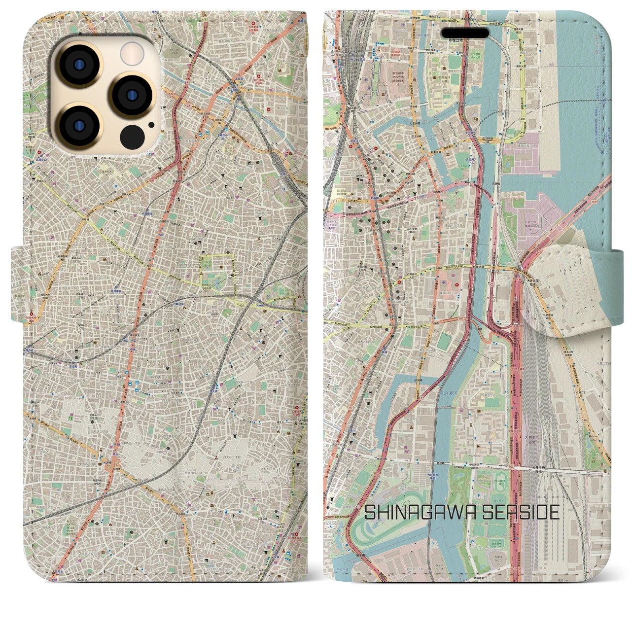 【品川シーサイド】地図柄iPhoneケース（手帳両面タイプ・ナチュラル）iPhone 12 Pro Max 用