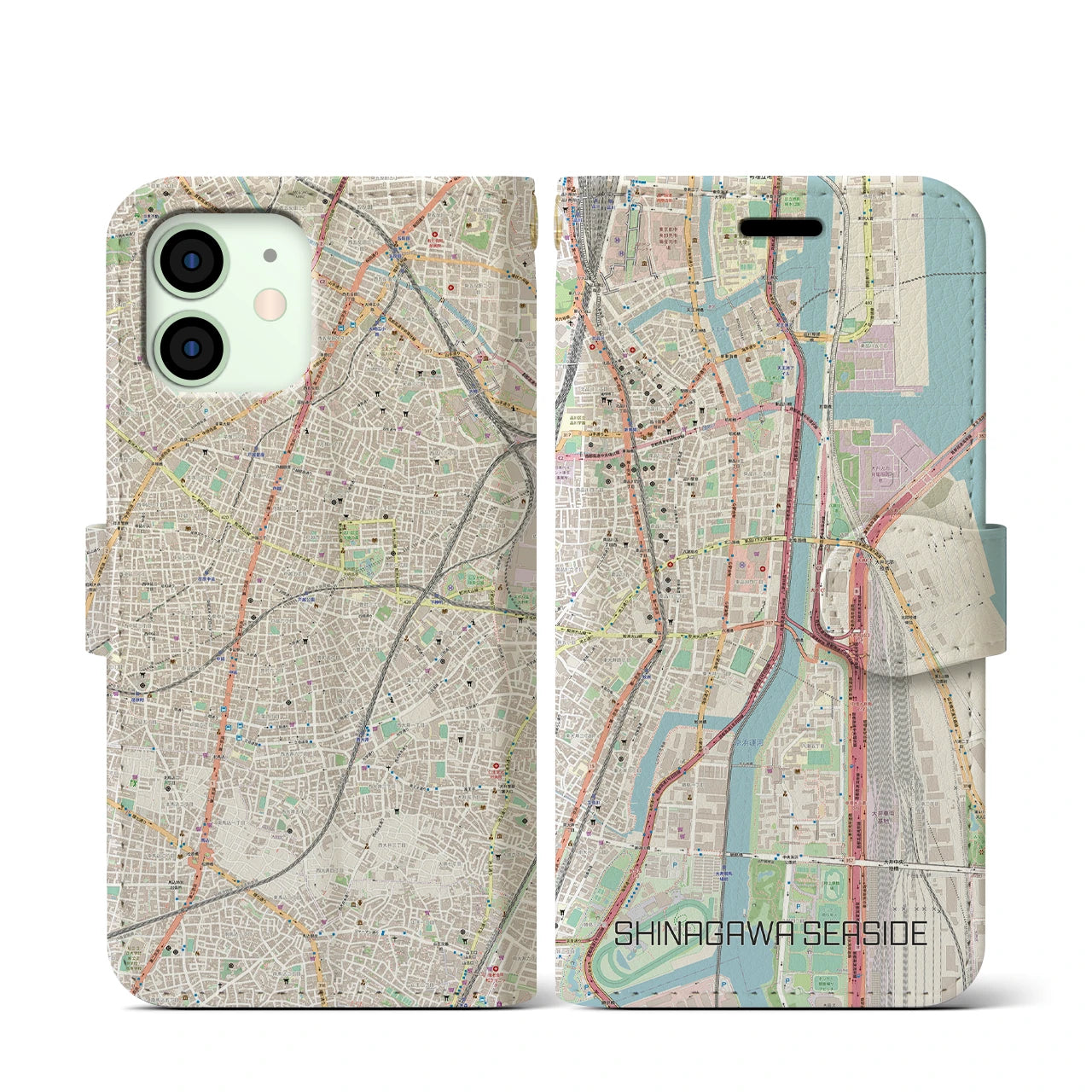 【品川シーサイド（東京都）】地図柄iPhoneケース（手帳タイプ）ナチュラル・iPhone 12 mini 用