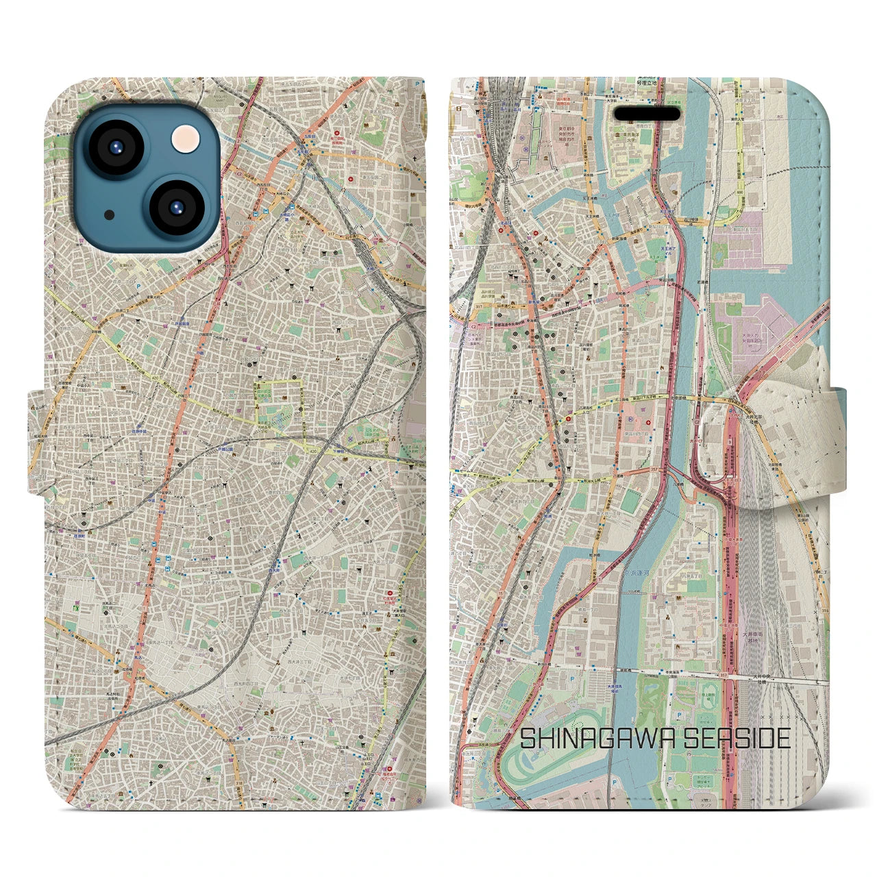 【品川シーサイド】地図柄iPhoneケース（手帳両面タイプ・ナチュラル）iPhone 13 用