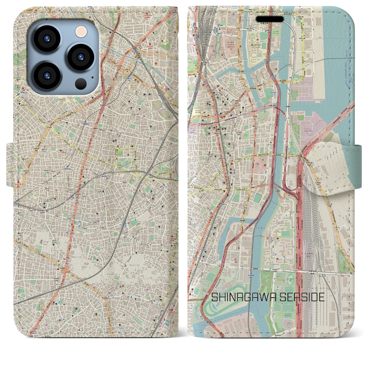 【品川シーサイド】地図柄iPhoneケース（手帳両面タイプ・ナチュラル）iPhone 13 Pro Max 用