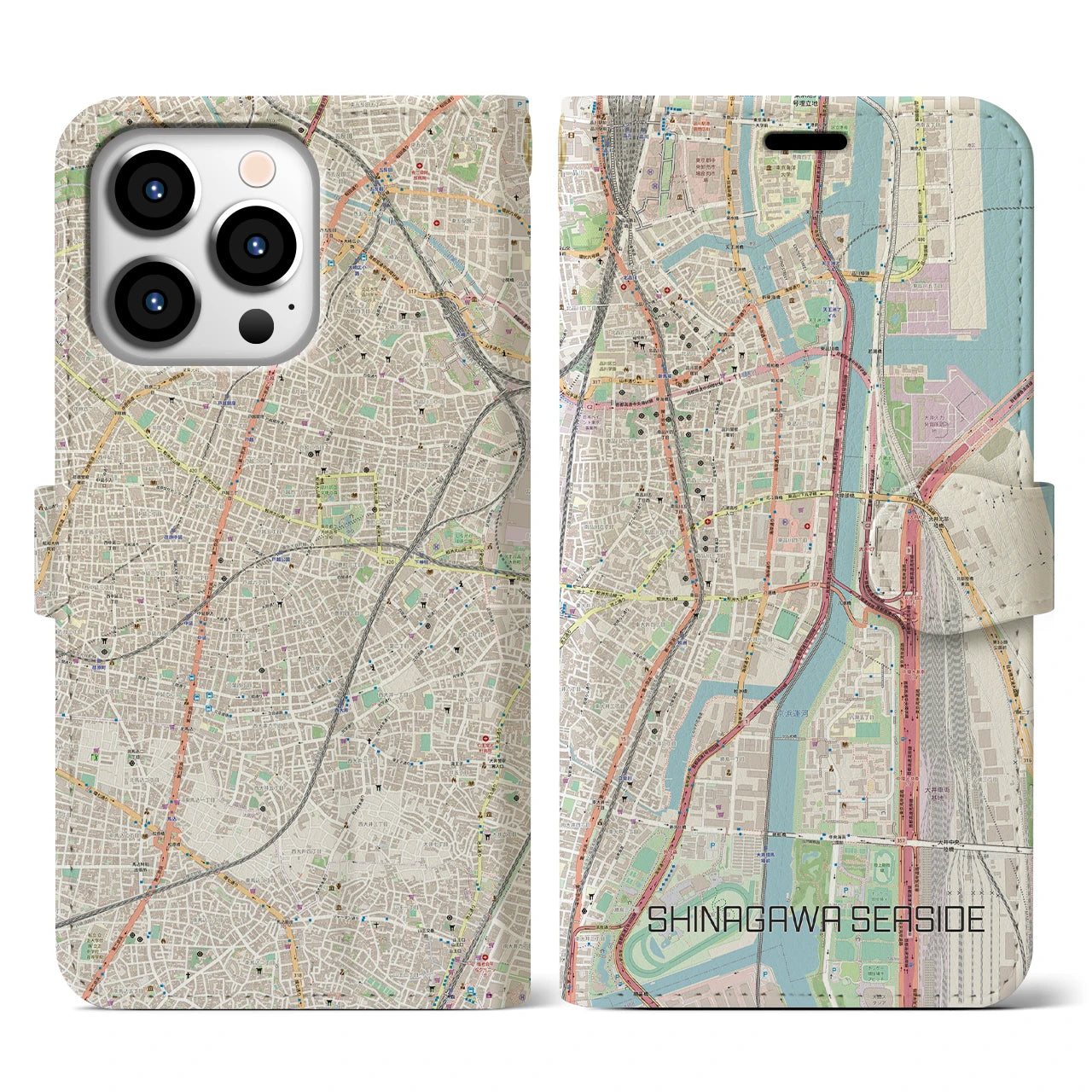 【品川シーサイド】地図柄iPhoneケース（手帳両面タイプ・ナチュラル）iPhone 13 Pro 用