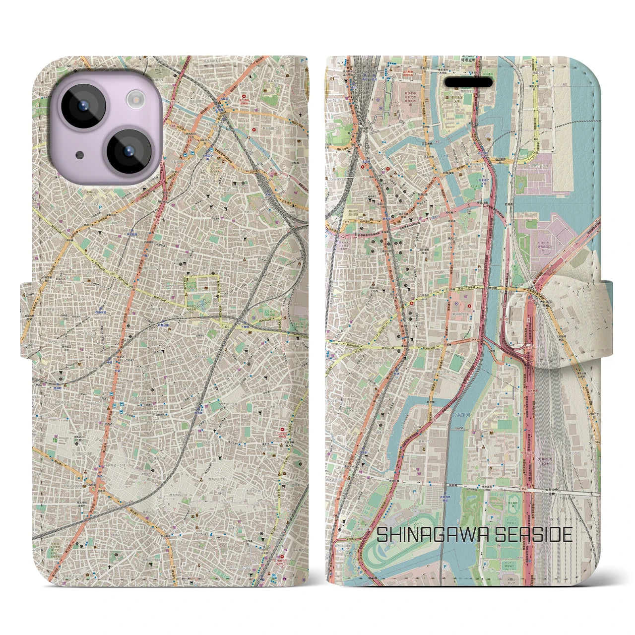 【品川シーサイド】地図柄iPhoneケース（手帳両面タイプ・ナチュラル）iPhone 14 用