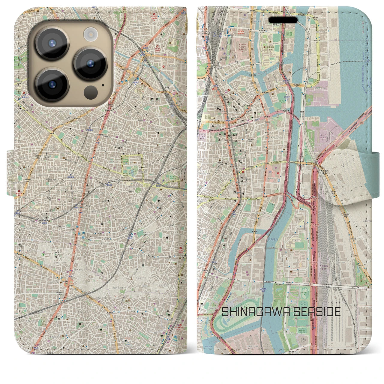 【品川シーサイド】地図柄iPhoneケース（手帳両面タイプ・ナチュラル）iPhone 14 Pro Max 用
