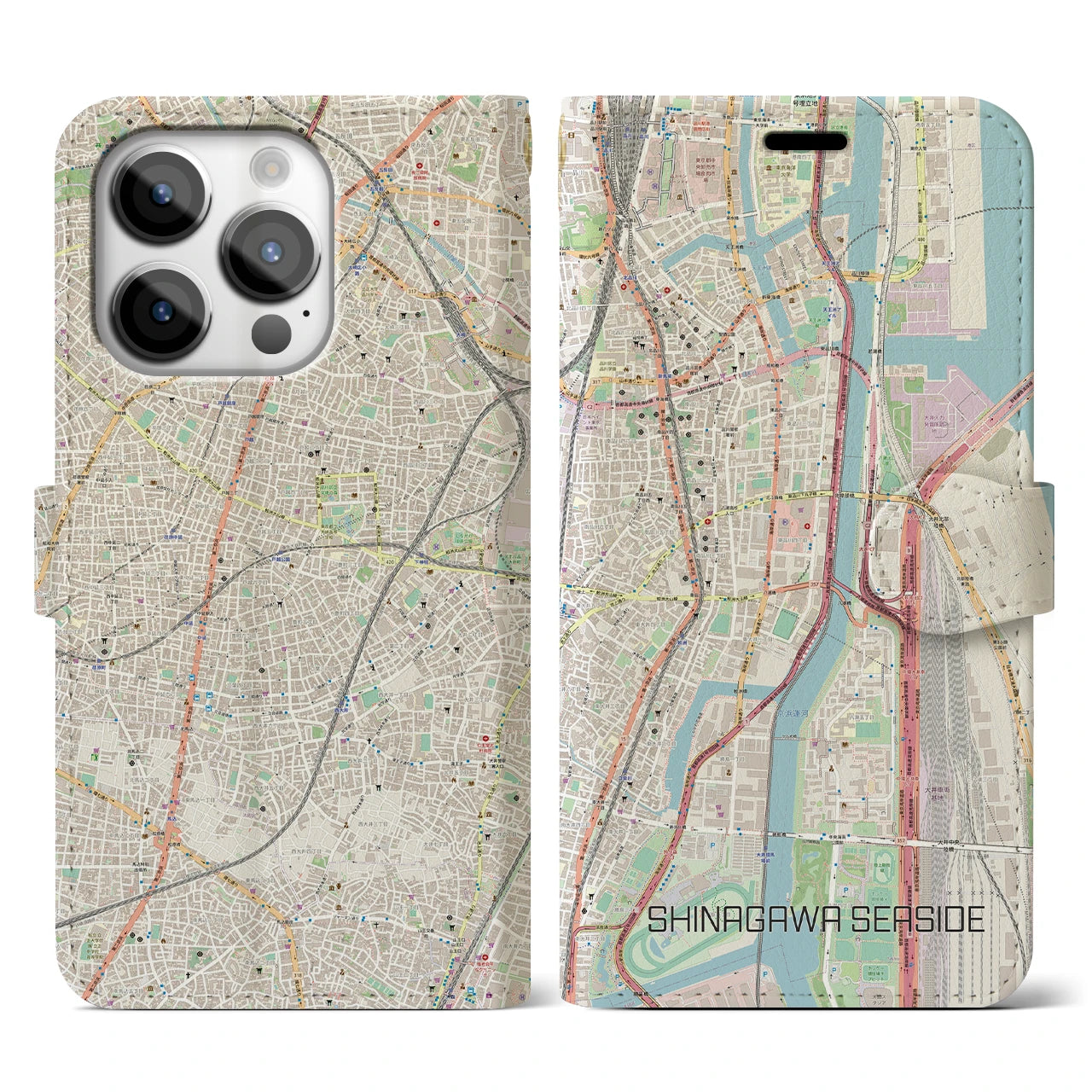 【品川シーサイド】地図柄iPhoneケース（手帳両面タイプ・ナチュラル）iPhone 14 Pro 用