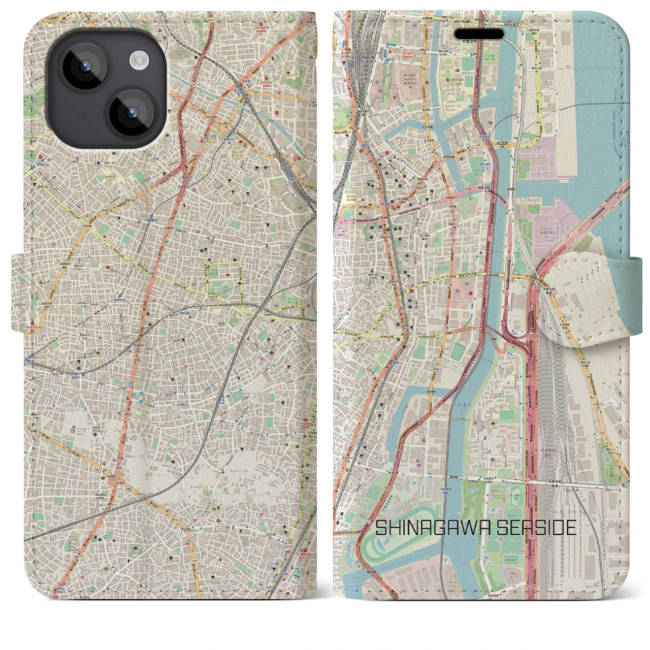 【品川シーサイド】地図柄iPhoneケース（手帳両面タイプ・ナチュラル）iPhone 14 Plus 用