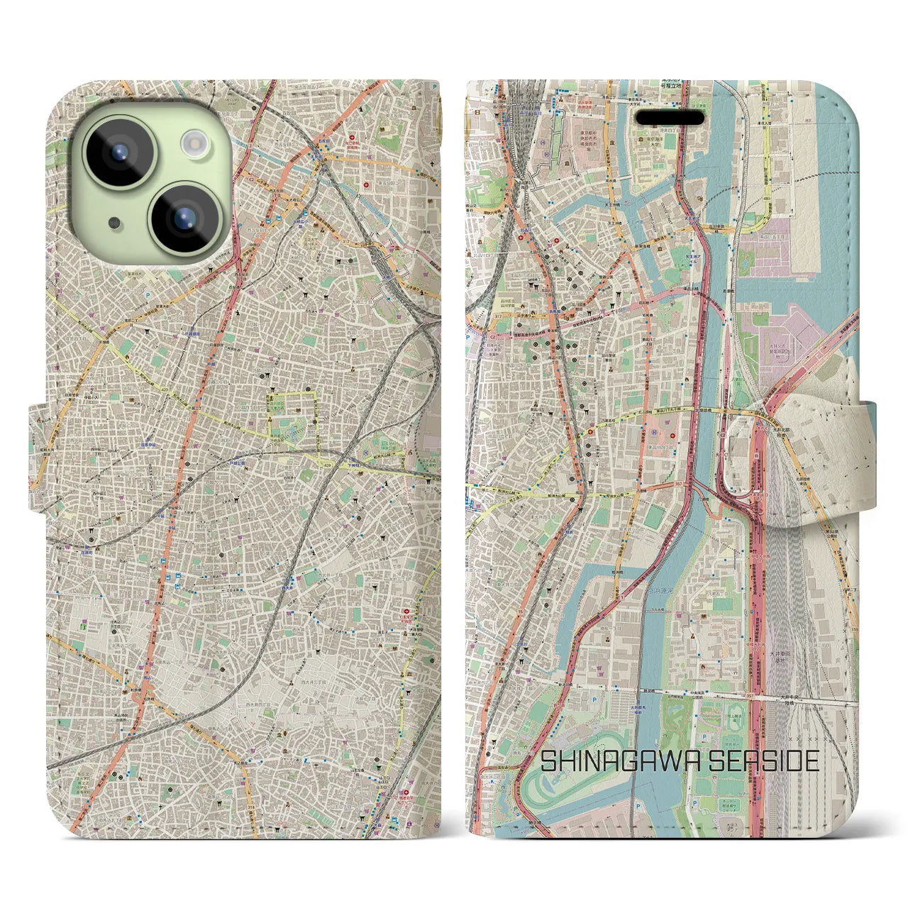 【品川シーサイド】地図柄iPhoneケース（手帳両面タイプ・ナチュラル）iPhone 15 用