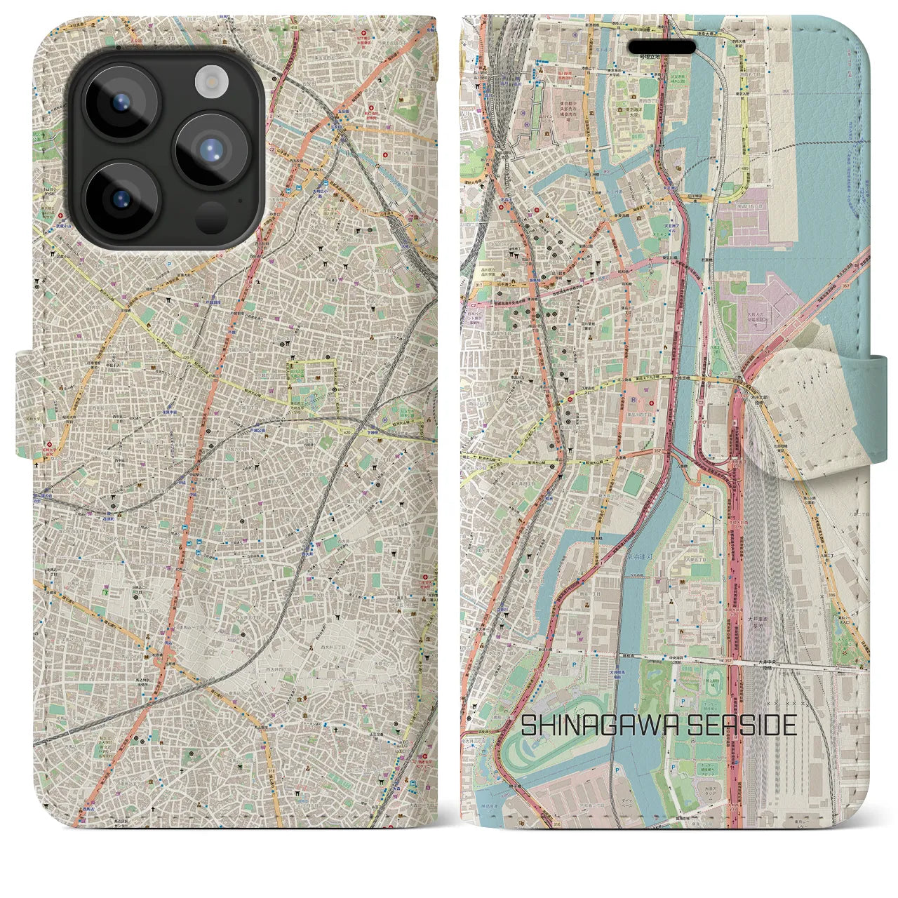 【品川シーサイド】地図柄iPhoneケース（手帳両面タイプ・ナチュラル）iPhone 15 Pro Max 用
