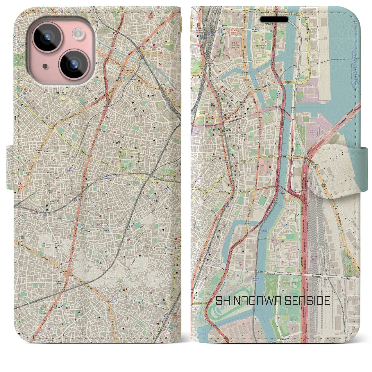 【品川シーサイド】地図柄iPhoneケース（手帳両面タイプ・ナチュラル）iPhone 15 Plus 用