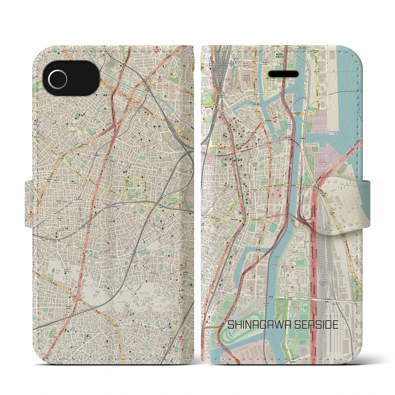 【品川シーサイド（東京都）】地図柄iPhoneケース（手帳タイプ）ナチュラル・iPhone SE（第3 / 第2世代） / 8 / 7 / 6s / 6 用