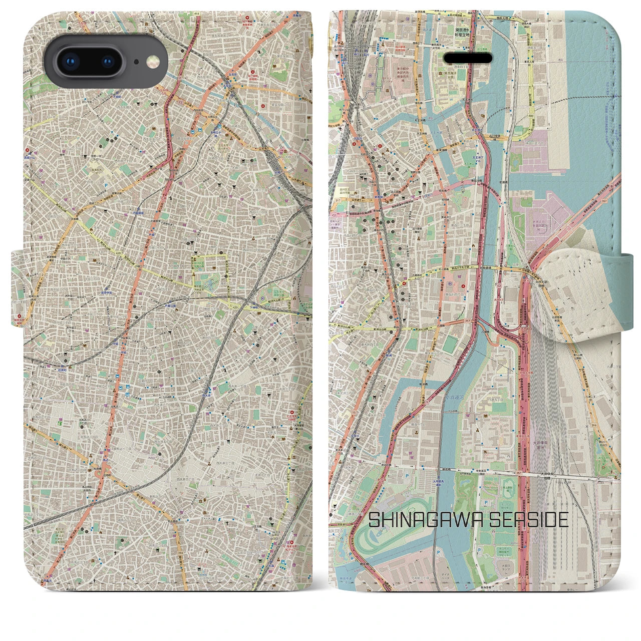 【品川シーサイド】地図柄iPhoneケース（手帳両面タイプ・ナチュラル）iPhone 8Plus /7Plus / 6sPlus / 6Plus 用