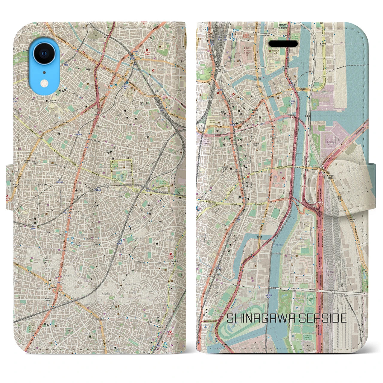 【品川シーサイド】地図柄iPhoneケース（手帳両面タイプ・ナチュラル）iPhone XR 用